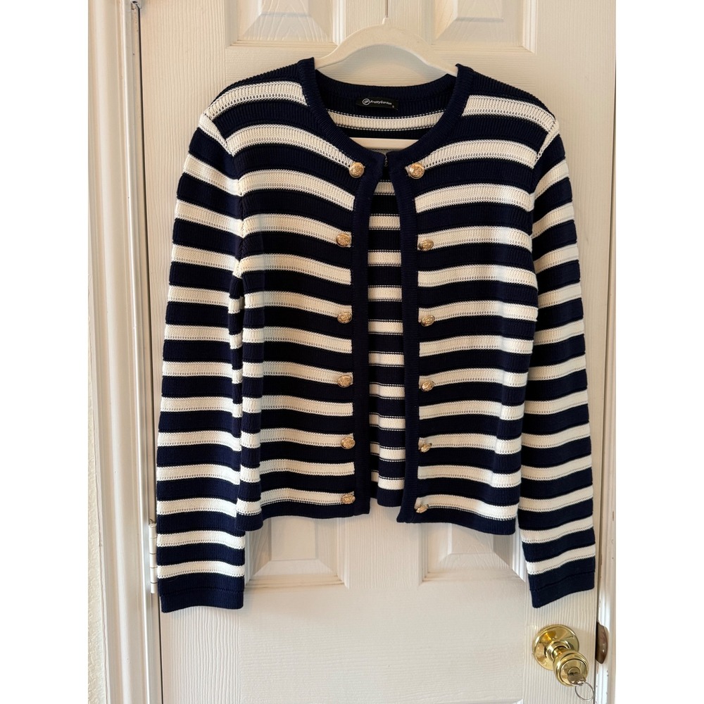 PrettyGarden Navy White Striped Cropped Cardigan‎ Gold Button Sweater Small NWOT